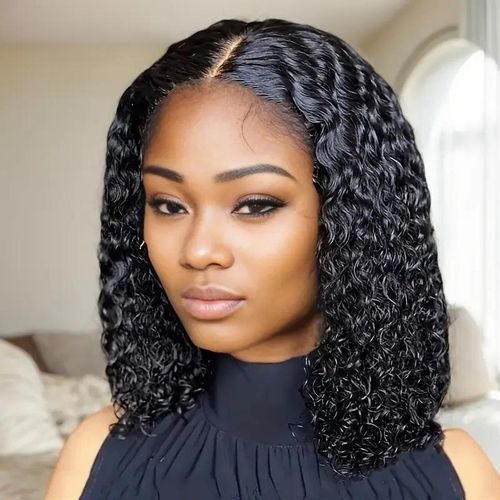 Deep Curly Short Bob Lace Front Wig 13x4 Transparent Lace Front Wig for Black Women Glueless Wet Hair and Wavy Lace Front Wig- Black
